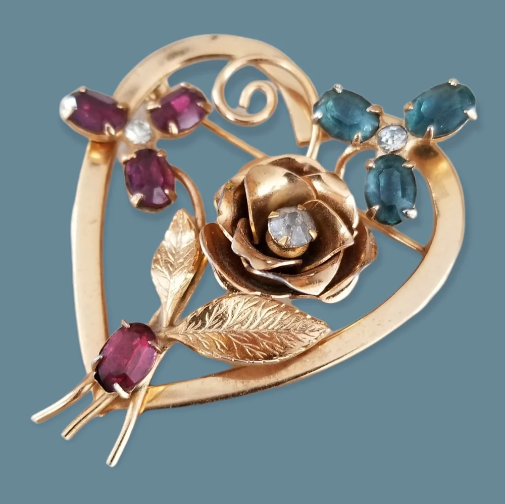 Vintage Signed Coro Gold Tone Heart Brooch Ruby Sapphire Rhinestone